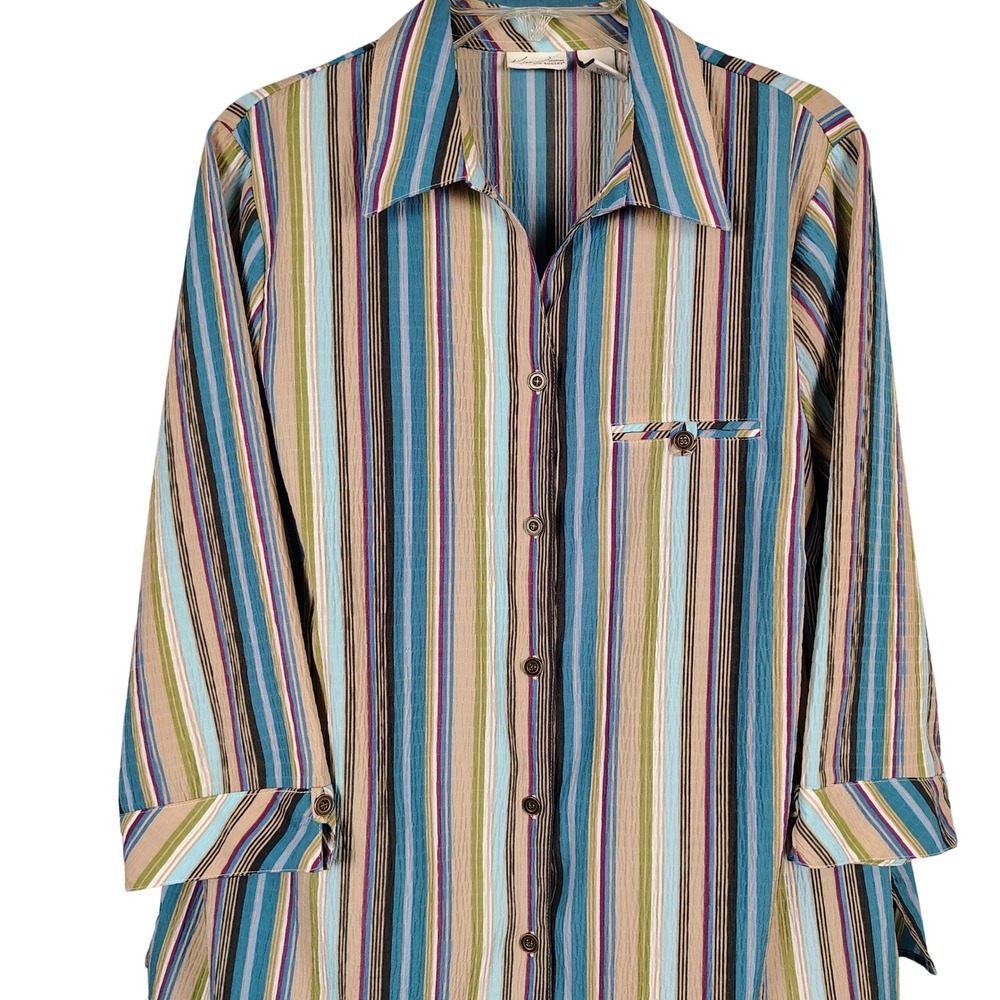 Kim Rogers Womens SZ 18W Striped Button Down Blouse Multicolor Seersucker 3/4